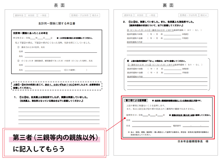 生計同一関係に関する申立書（第三者による証明欄